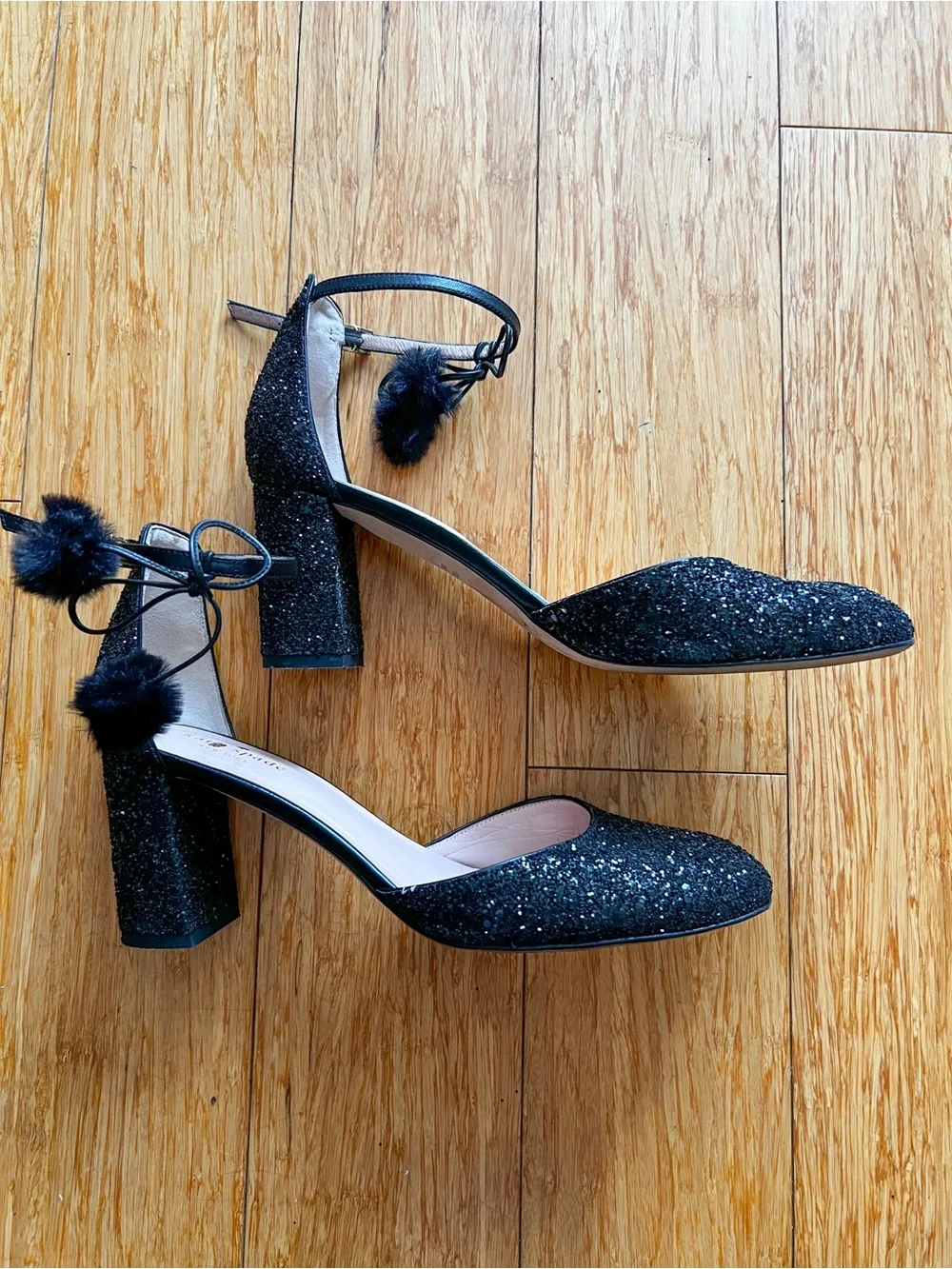 kate spade Abigail Black Glitter Ankle-Strap Block Heels with Pom Pom